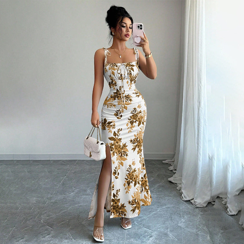 Floral Spaghetti Strap Slim Fit Slit Dress | Feminine & Stylish