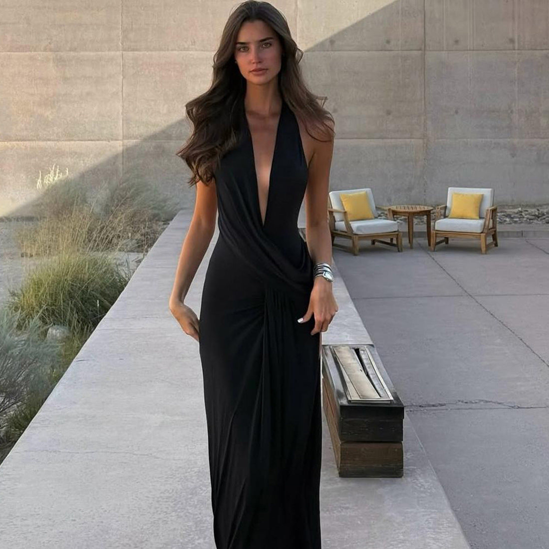 Elegant Halter Neck Deep V Back Floor Length Dress for Every Occasion
