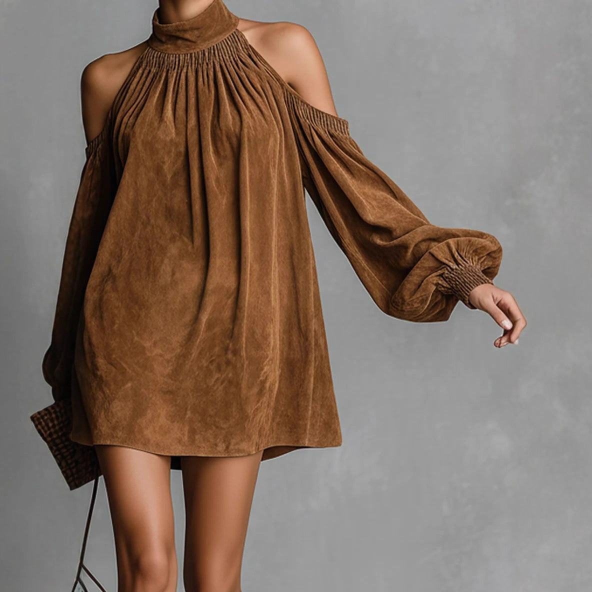 Chic Halter Neck Off-Shoulder Mini Dress with Lantern Sleeves