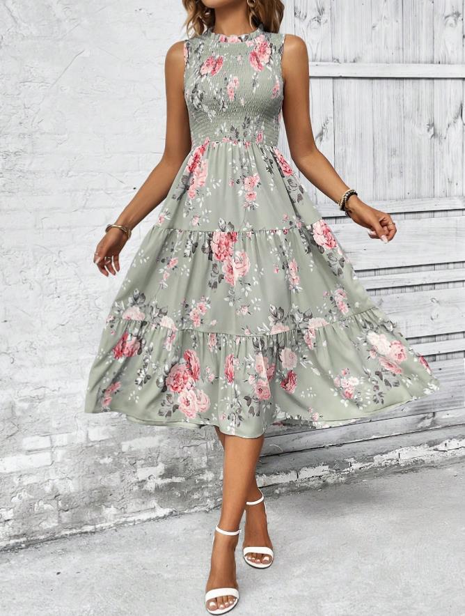 Floral Print Sleeveless A-Line Dress | Elegant & Chic Style