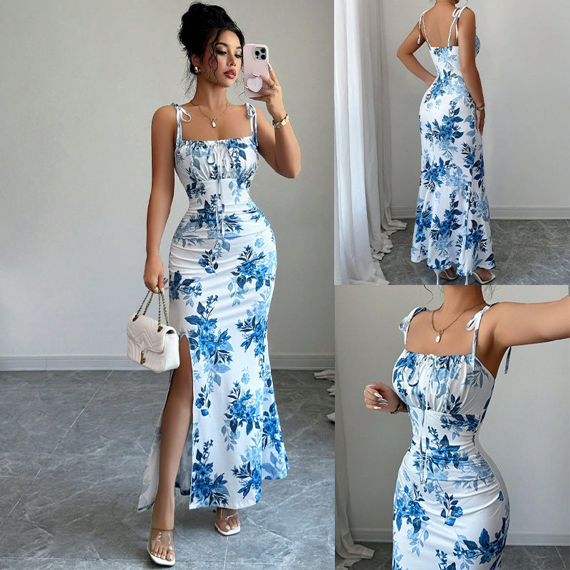 Floral Spaghetti Strap Slim Fit Slit Dress | Feminine & Stylish