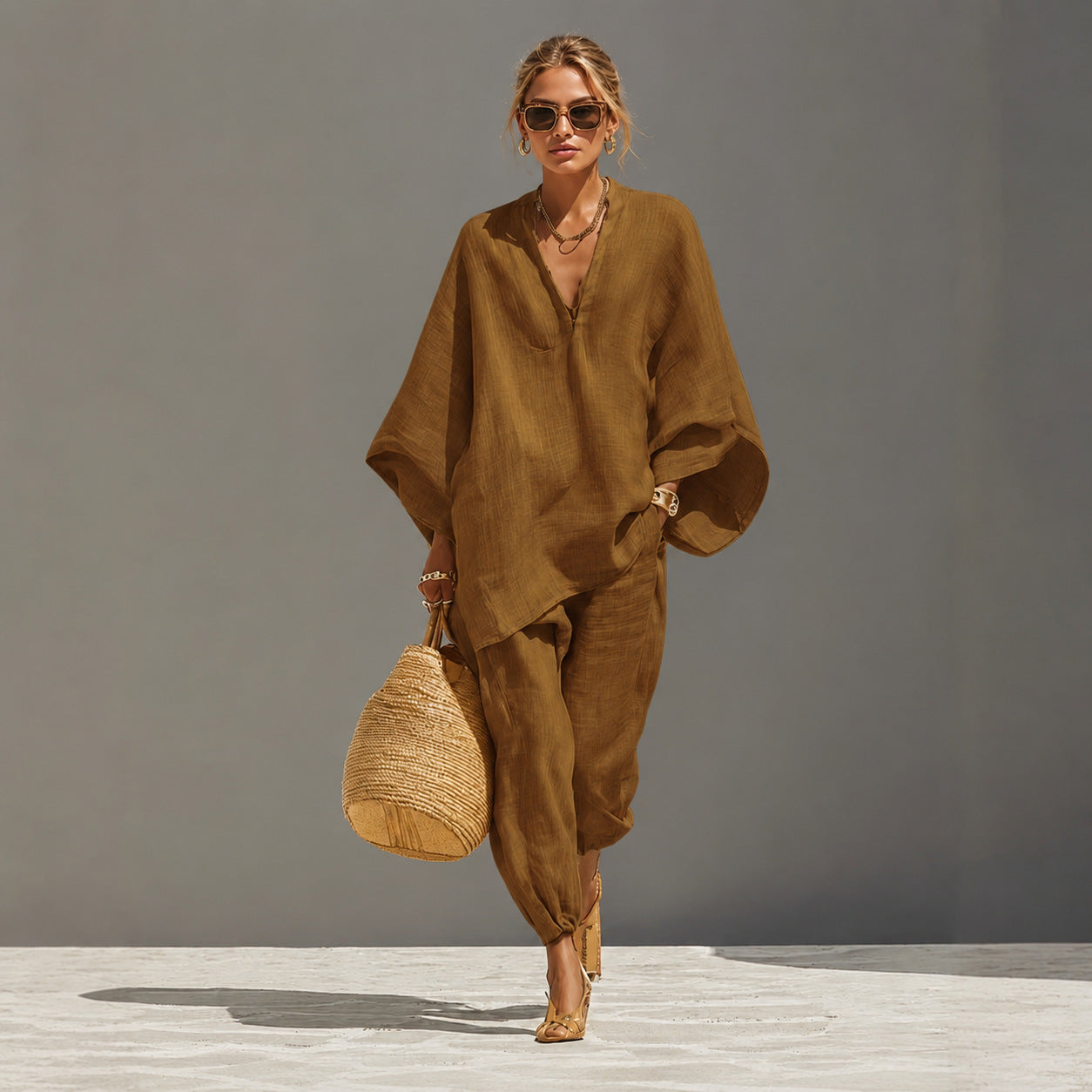 Stylish Batwing Sleeve V-Neck Casual Pants Suit for Everyday Wear