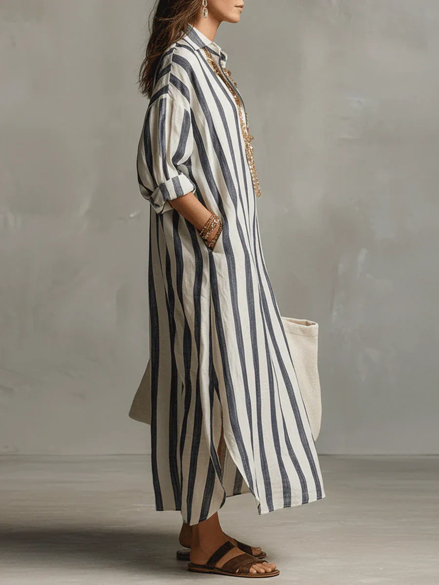 Stylish Loose V-Neck Striped Shirt Dress for Everyday Elegance