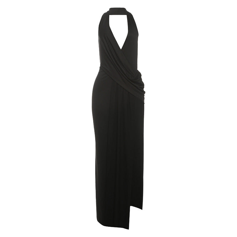 Elegant Halter Neck Deep V Back Floor Length Dress for Every Occasion