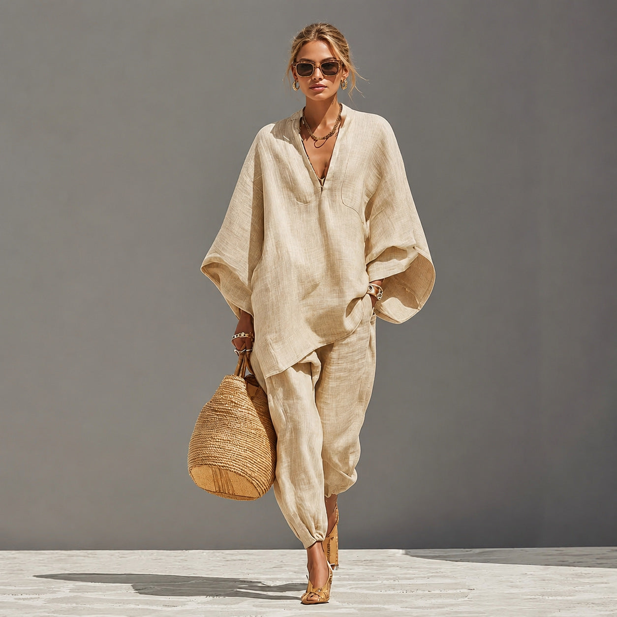 Stylish Batwing Sleeve V-Neck Casual Pants Suit for Everyday Wear