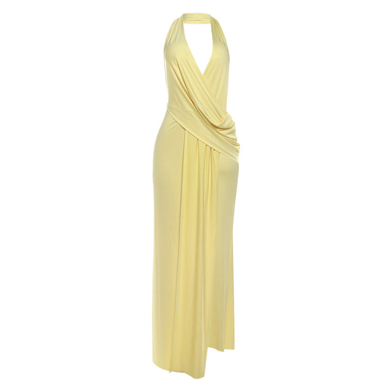 Elegant Halter Neck Deep V Back Floor Length Dress for Every Occasion