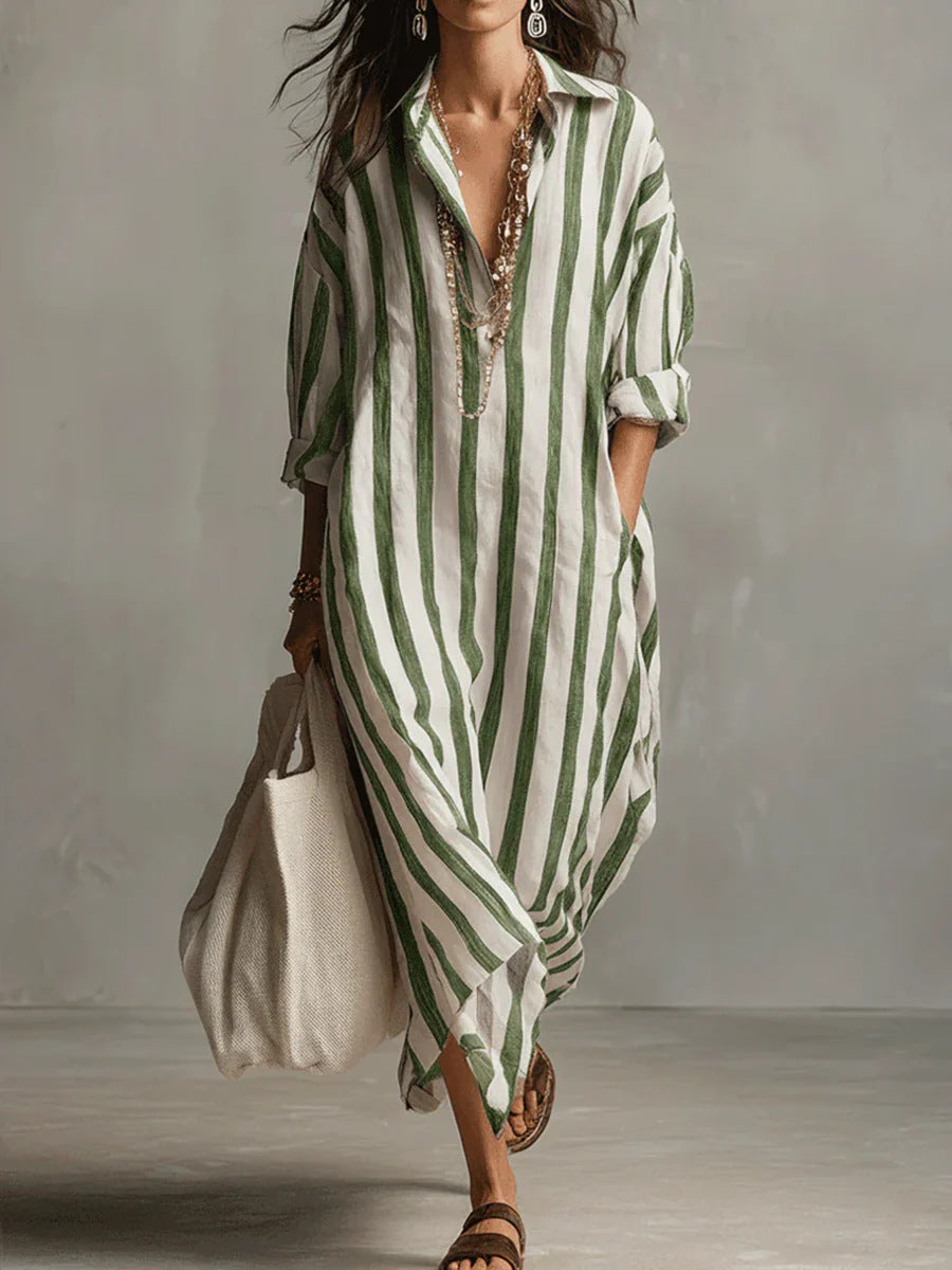Stylish Loose V-Neck Striped Shirt Dress for Everyday Elegance