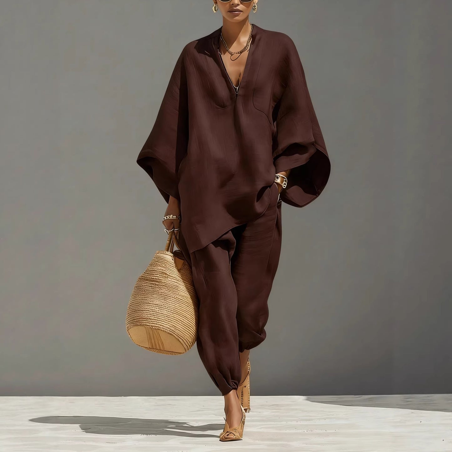 Stylish Batwing Sleeve V-Neck Casual Pants Suit for Everyday Wear