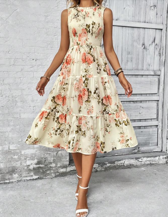 Floral Print Sleeveless A-Line Dress | Elegant & Chic Style