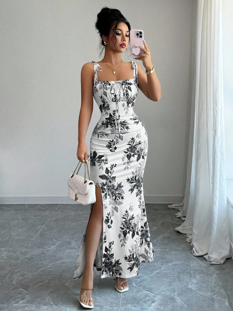 Floral Spaghetti Strap Slim Fit Slit Dress | Feminine & Stylish