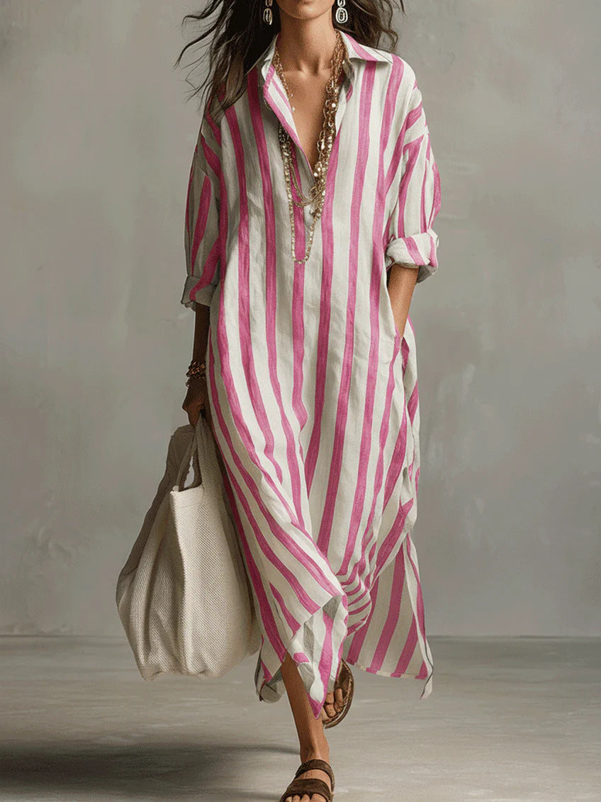 Stylish Loose V-Neck Striped Shirt Dress for Everyday Elegance