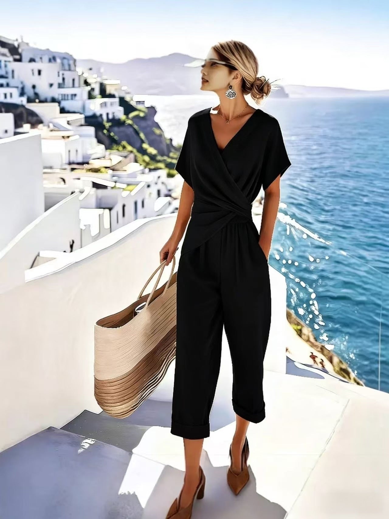 Women's Solid Color Cropped Pants Suit | Chic & Versatile Outfit