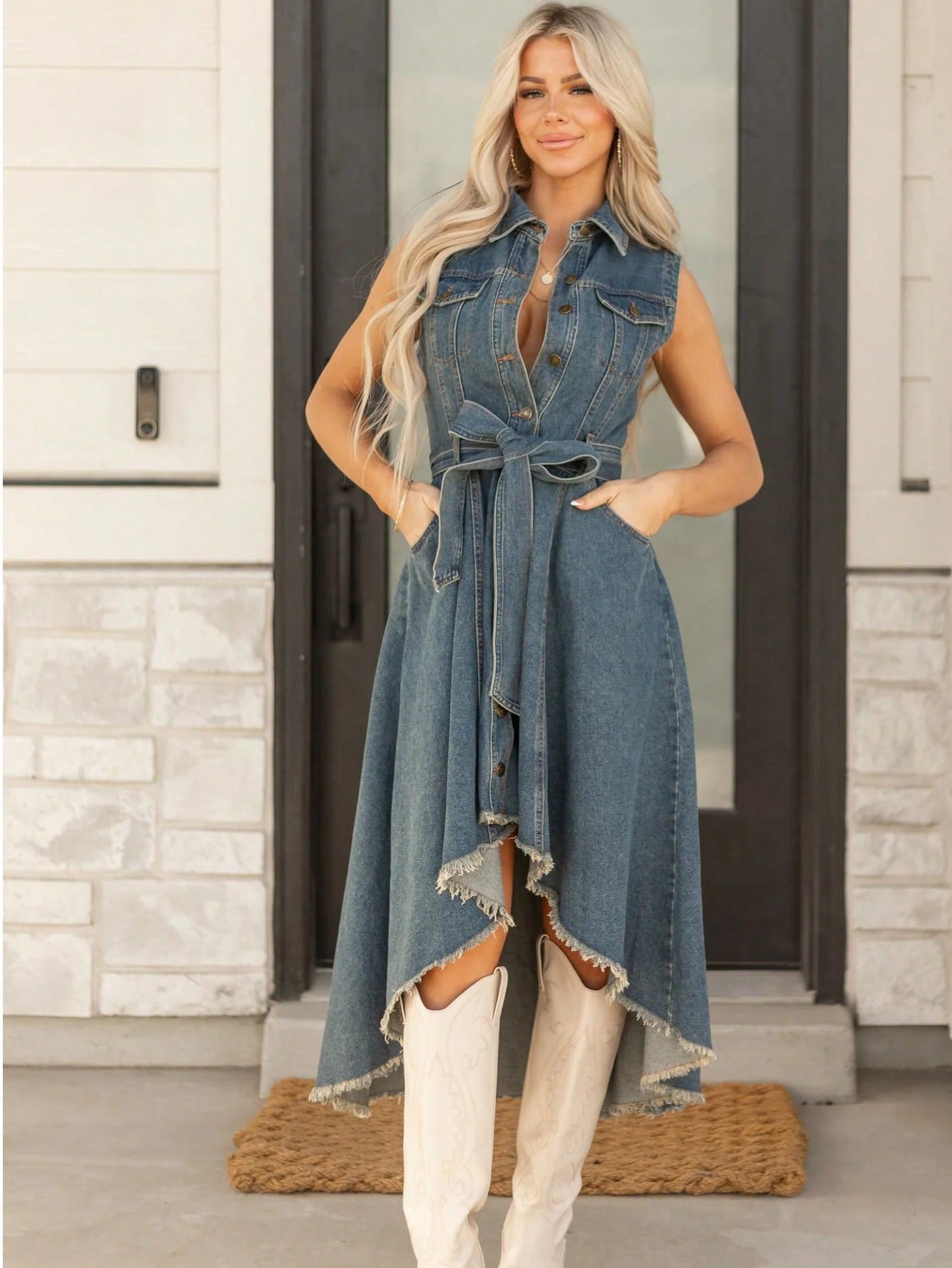Sleeveless Denim Dress with Adjustable Waist | Trendy & Versatile
